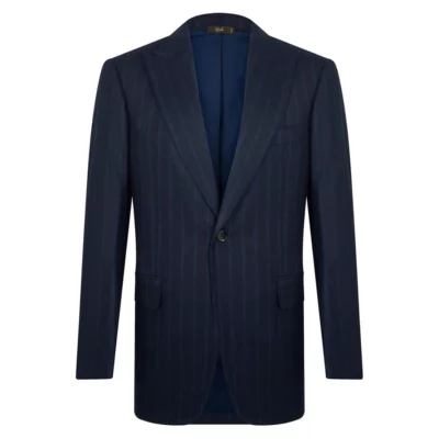 A custom single buttoned navy blue stripes suit