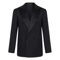 A custom black tuxedo with a peak satin lapel